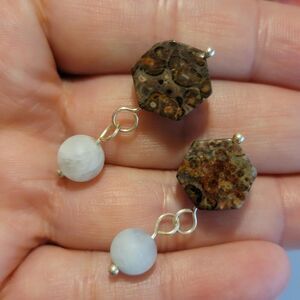 Handmade Aquamarine & Jasper Stone Earrings – Hexagon Gem Dangle Jewelry